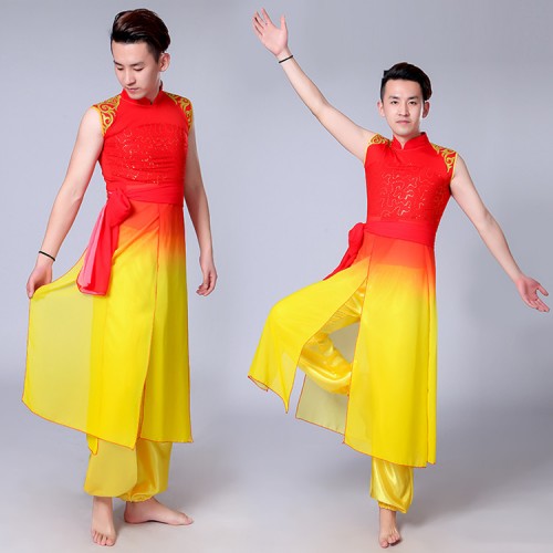 Chinese folk dance costumes for women's male competition red gradient yangko fan drummer dance performance dresses 